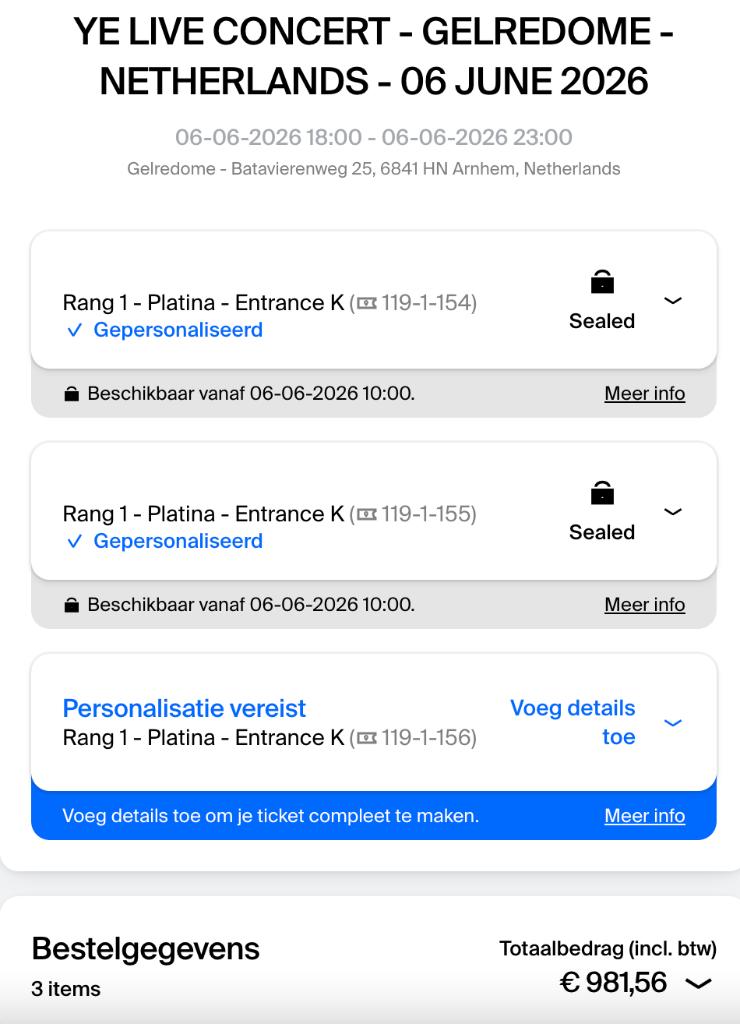 Tickets Kanye West concert (YE in Gelredome), Tickets en Kaartjes, Drie personen of meer, Juni