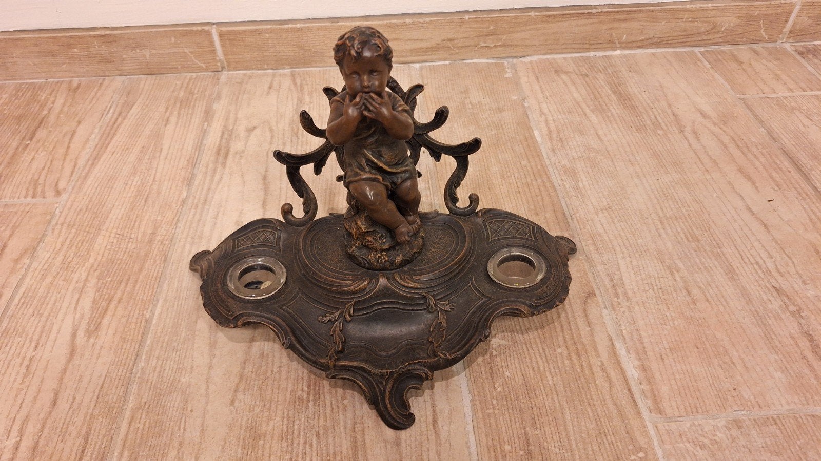 Antieke inktpot met cherubijn, koper/brons, Antiek en Kunst, Ophalen of Verzenden