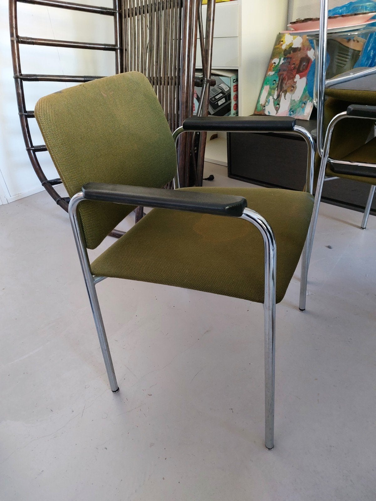 Set van 6 vintage retro stoelen jaren '70 - chroom & groen, Ophalen