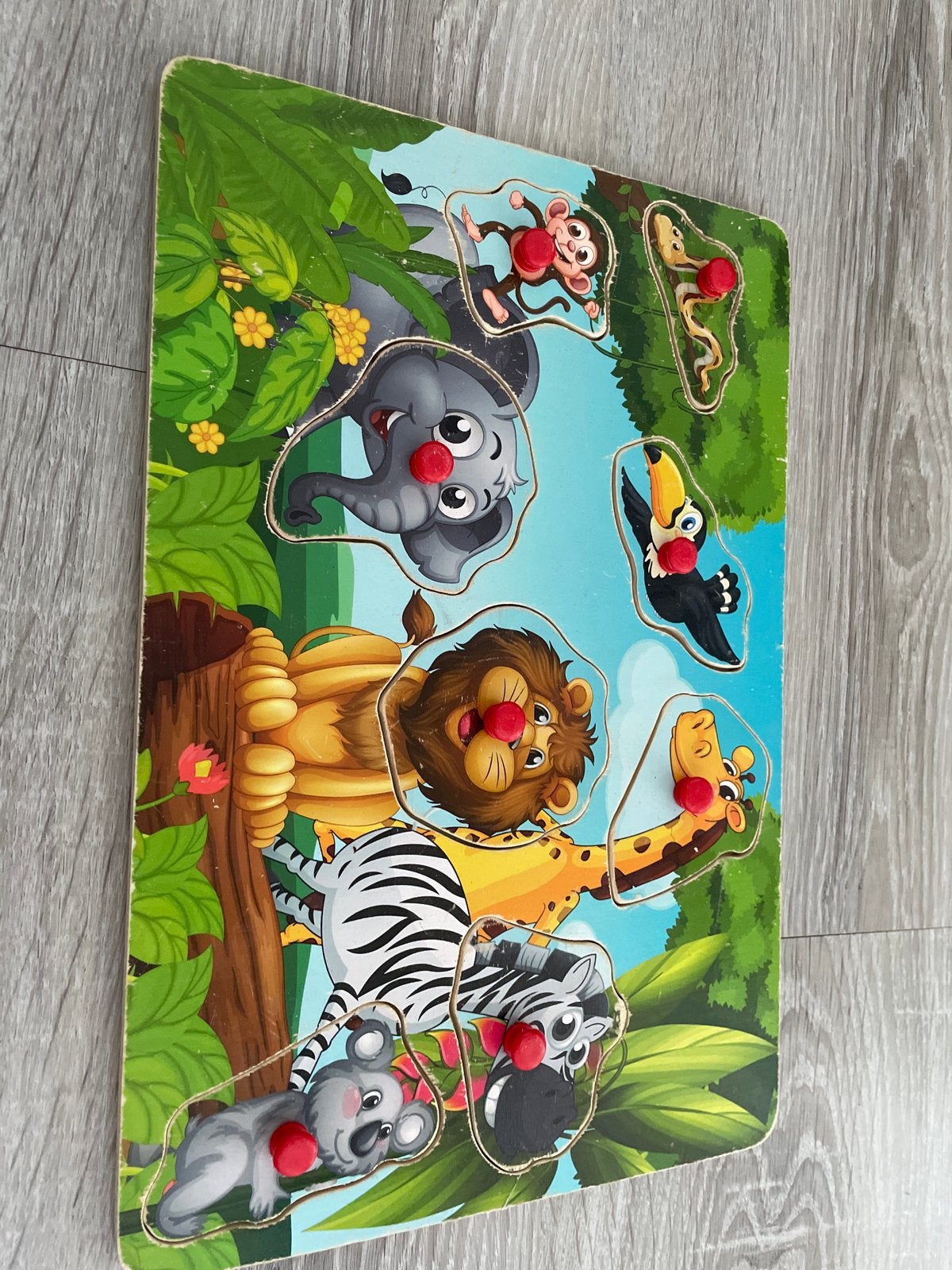 Houten Dieren Puzzel met Knopjes - Jungle Thema, 2 tot 4 jaar, Gebruikt, Ophalen of Verzenden, Van hout