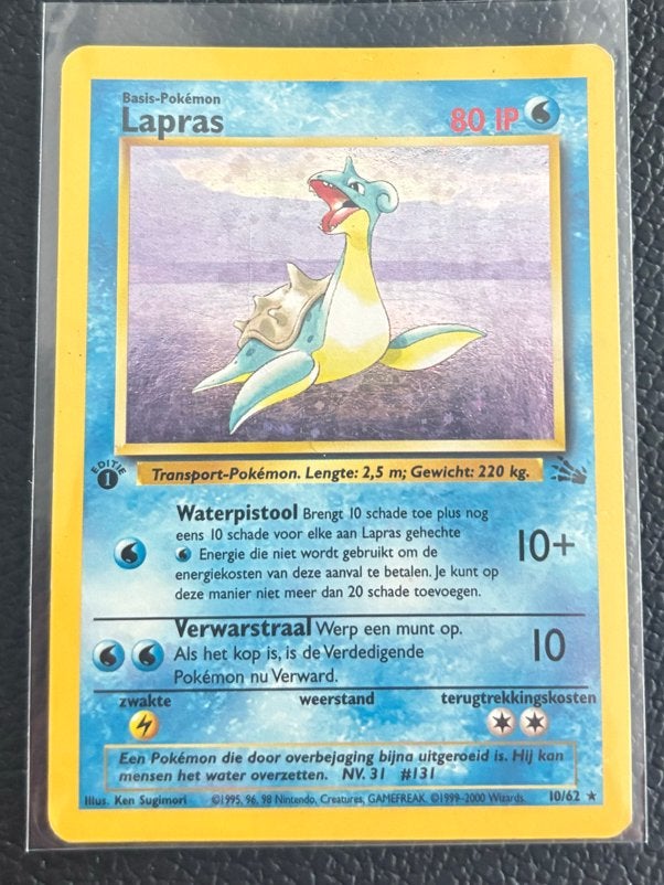 Lapras Pokémon Kaart Holo - 1st Edition Fossil 10/62, Ophalen of Verzenden, Zo goed als nieuw, Losse kaart