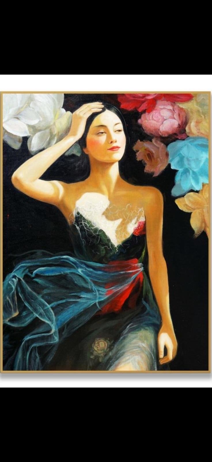 Schilderij Vrouw Bloemen - Olieverf op Canvas 75x100 €350., Figuren, Handgeschilderd, Ophalen of Verzenden, Olieverf