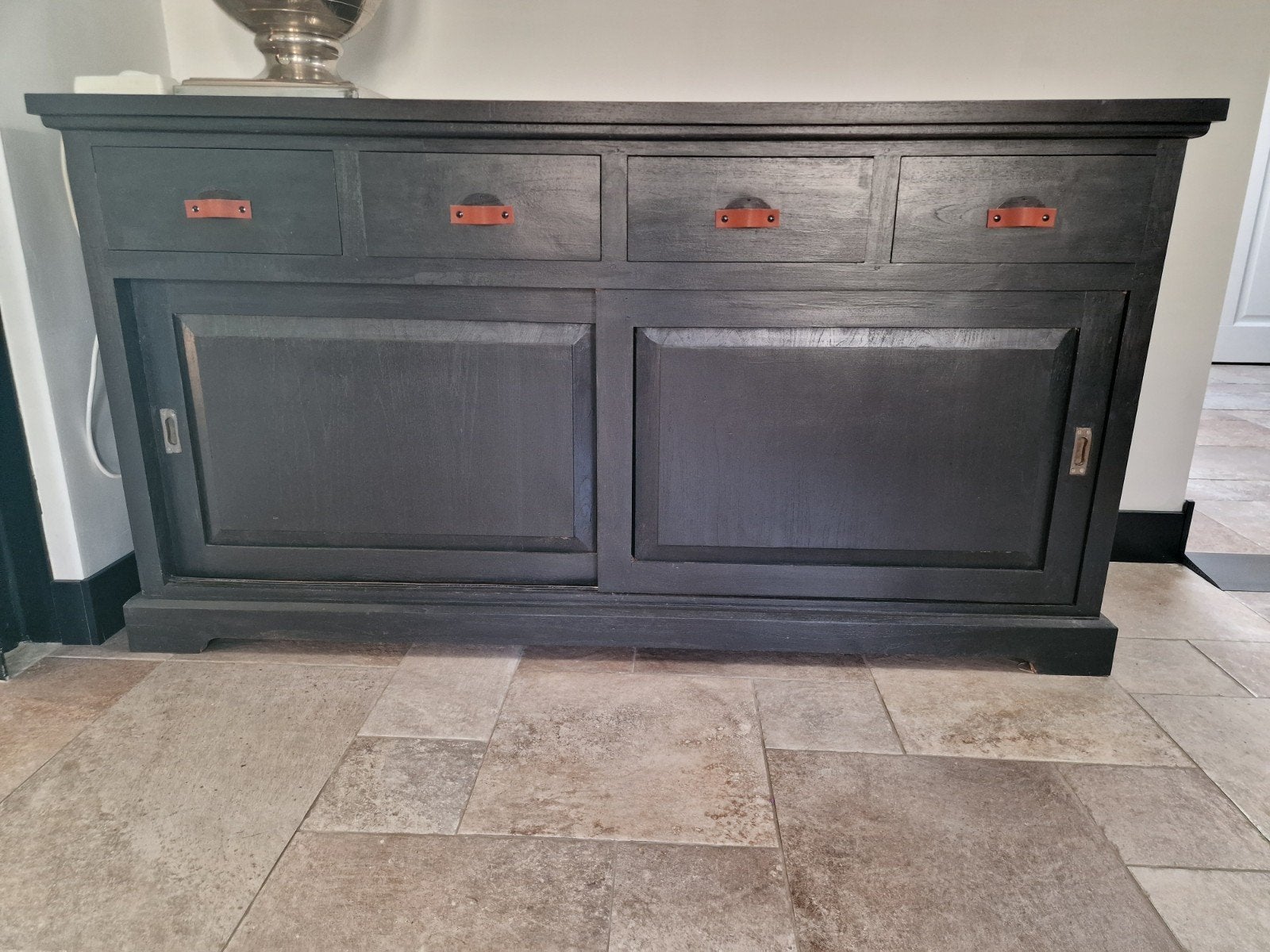 Teakhouten Dressoir - Mat Zwart Geverfd (170x53x90), Huis en Inrichting, Ophalen, Gebruikt, Met lade(s), 150 tot 200 cm