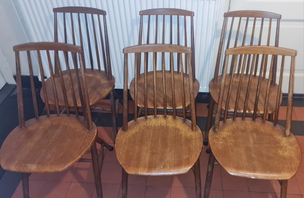 6 Houten Scandinavische Pastoe-stijl Spijlenstoelen Jaren 60, Ophalen, Gebruikt, Bruin, Windsor, Spijlstoel