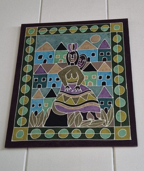 Groot Batik Schilderij - Afrikaanse Scène, Ophalen, Afrika, Meerkleurig, Handgemaakt