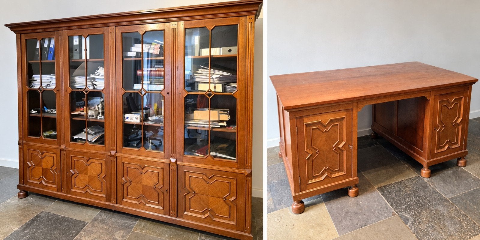 Klassiek dubbelzijdig bureau met bijbehorende kast, Ophalen, Gebruikt, 50 tot 75 cm, 50 tot 100 cm