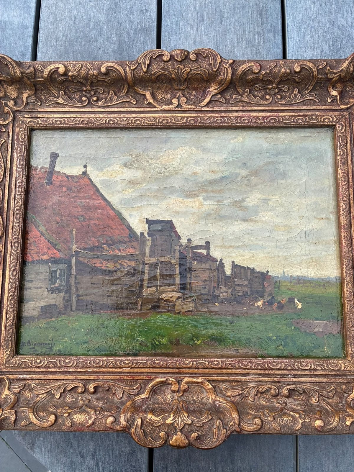 Oud Hollands Stadsgezicht Olieverf Schilderij, Doek, Oud hollands, Ophalen of Verzenden, Gesigneerd