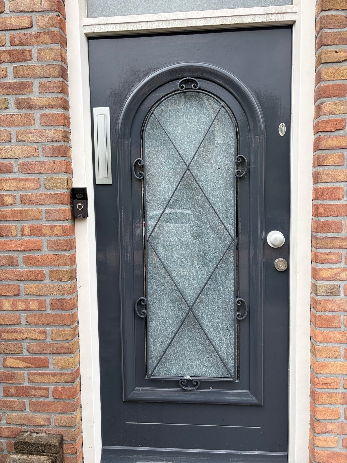 Hardhouten voordeur met glas en sierrooster, Ophalen, Gebruikt, 80 tot 100 cm, Buitendeur