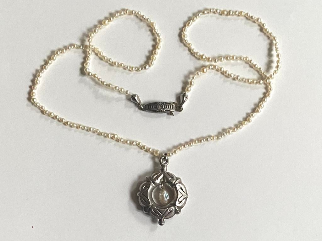Antieke ketting zilver natuurparels email, Sieraden, Tassen en Uiterlijk, Antieke sieraden, Ophalen of Verzenden, Zilver, Ketting