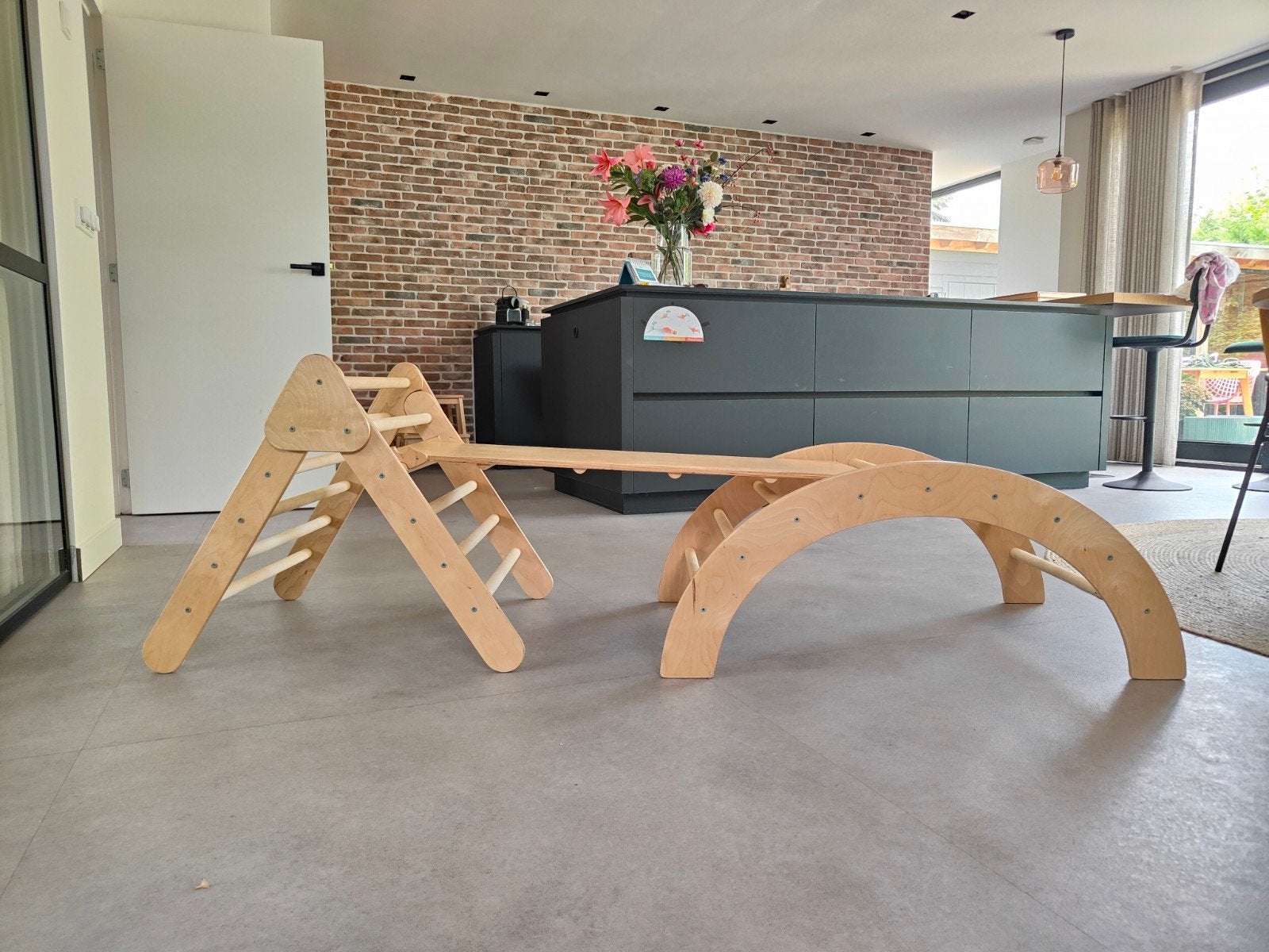 Houten Klimtoestel met Glijbaan en Klimboog, Kinderen en Baby's, Ophalen, Zo goed als nieuw, Klimwand, Aanbouwonderdeel