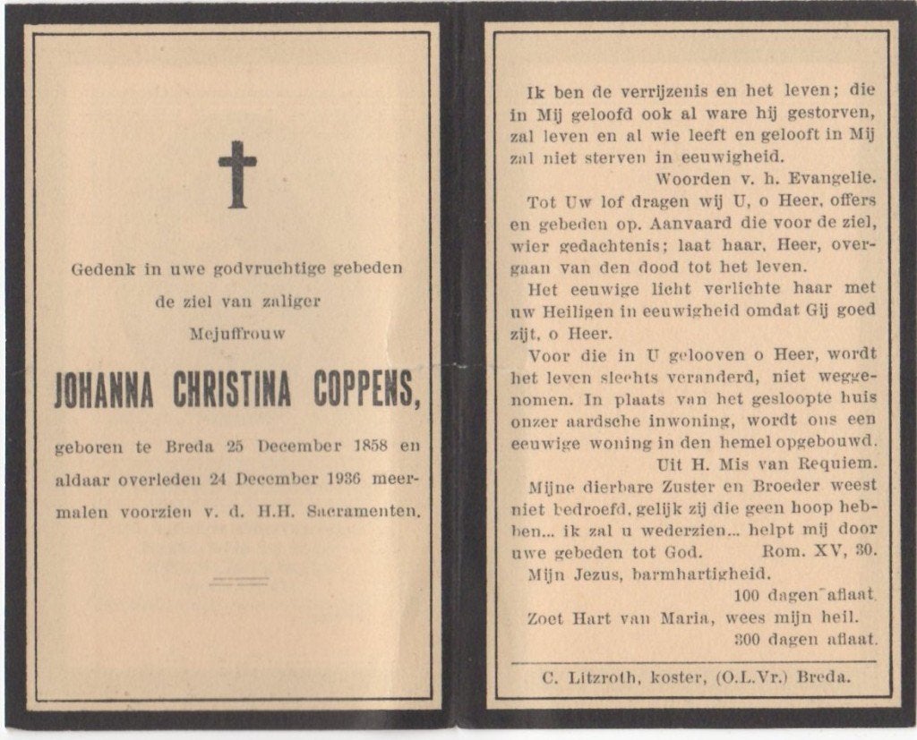 Johanna Christina Coppens 1858 Breda + 1936 Breda, 77 jaar, Ophalen of Verzenden