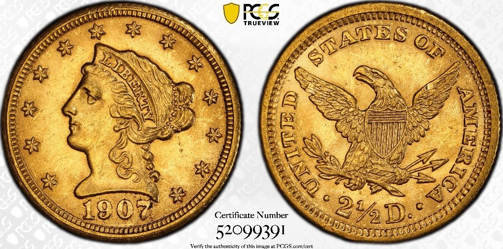 Gouden 2,5 dollar 1907 PCGS MS62 Quarter Eagle, Ophalen, Noord-Amerika, Losse munt, Goud