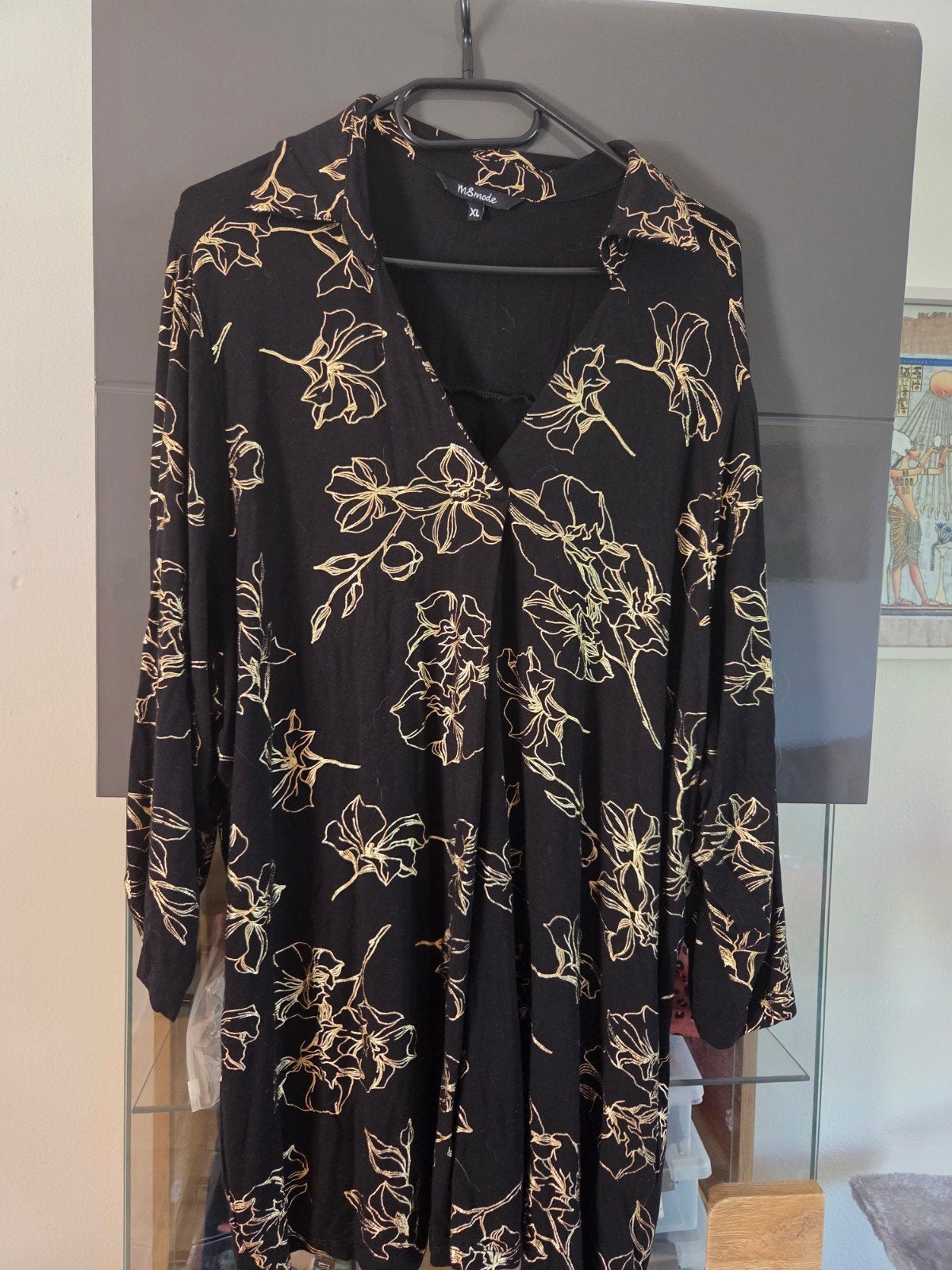 MS Mode Zwarte Tuniek met Gouden Bloemenprint - Maat XL, Zwart, Maat 46/48 (XL) of groter, Ophalen of Verzenden, Zo goed als nieuw