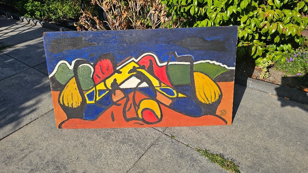 Kleurig schilderij op spaanplaat, Antiek en Kunst, Ophalen, Acrylverf, Abstract, Overige ondergronden