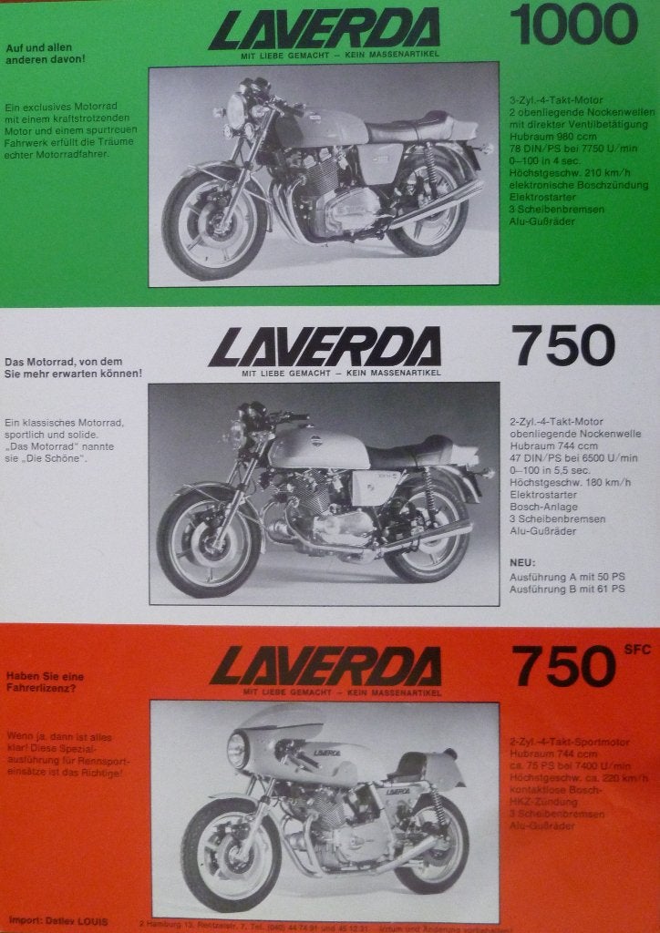 Folder LAVERDA 1000/ 750/ 500/ 250/ 125 1977, Motoren, Ophalen of Verzenden, Overige merken