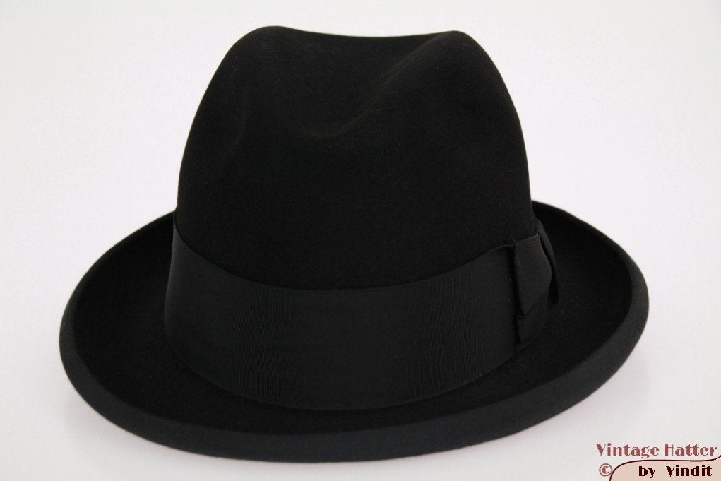 Vintage Gleufhoed Homburg Huckel zwart 54 = XS goede staat, Hückel, Hoed, Ophalen of Verzenden, 57 cm (M, 7⅛ inch) of minder
