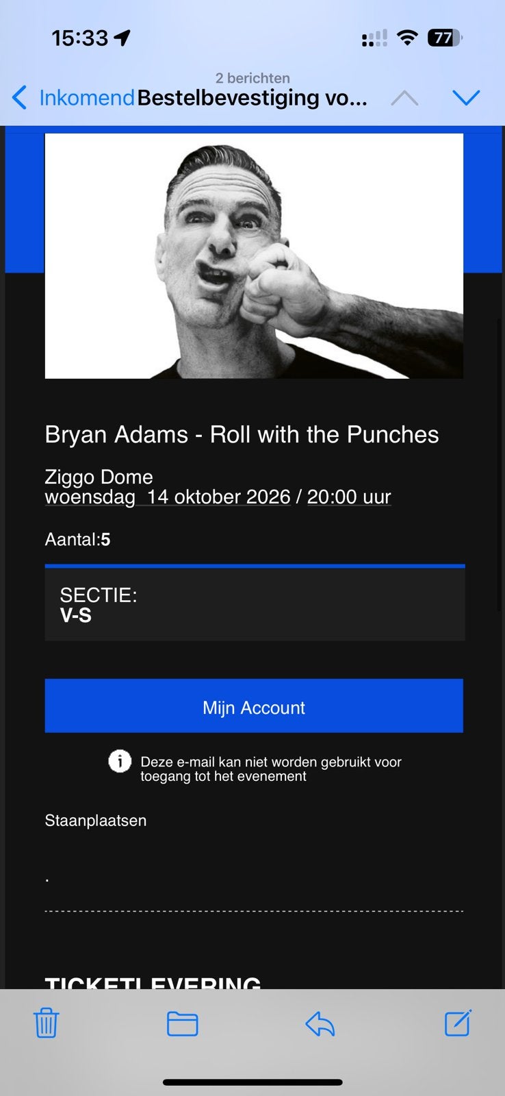 5x Bryan Adams Staanplaatsen ZiggoDome - Ziggo Dome 13 okt, Drie personen of meer, Oktober
