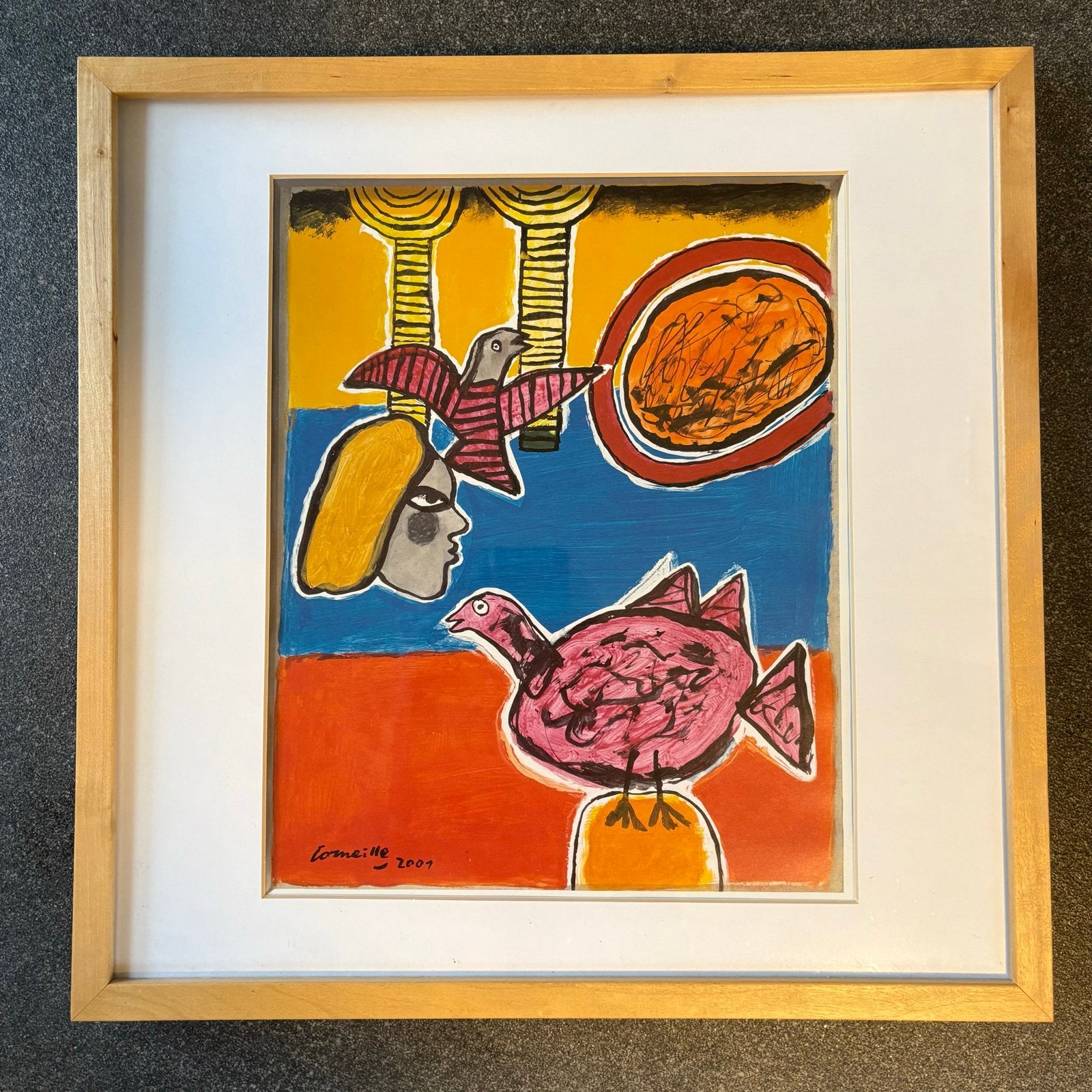 Corneille schilderij in houten lijst - 47x47 cm, Ophalen, Hout, Overige technieken, Dieren