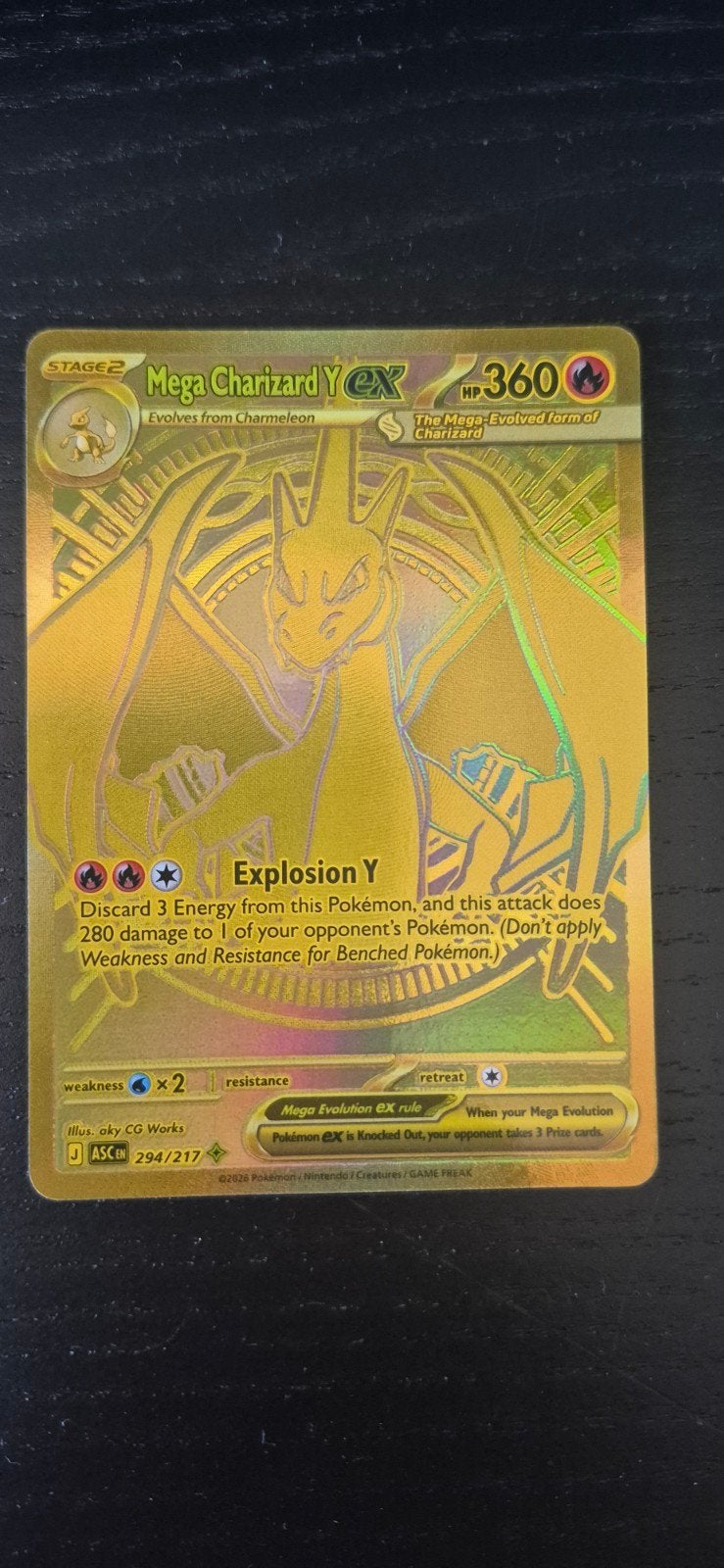 Mega Charizard Y EX Gouden Pokémon Kaart, Ophalen, Zo goed als nieuw, Losse kaart, Foil