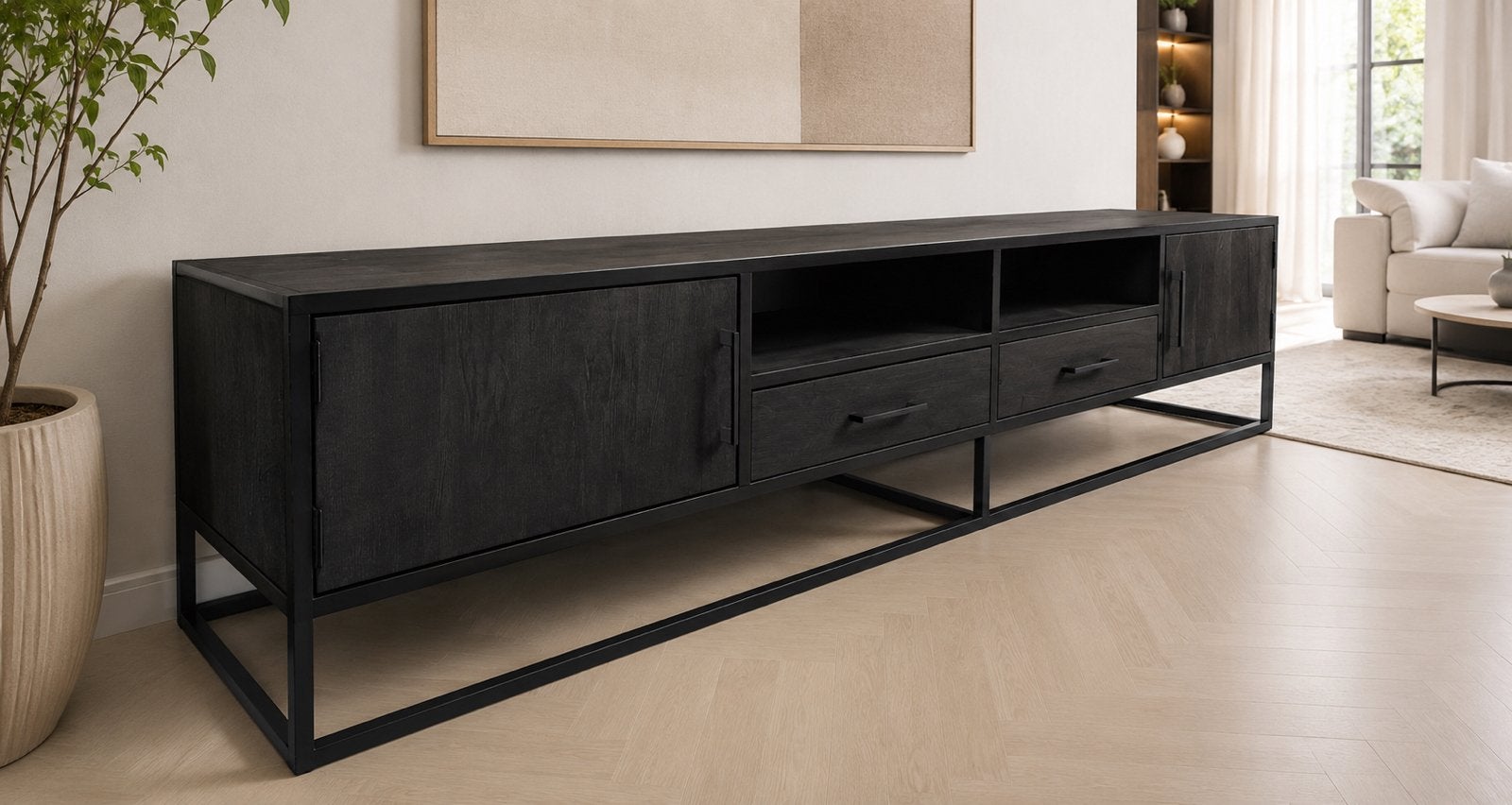 Tv meubel Black mangohout, Ophalen, Zo goed als nieuw, 200 cm of meer, Minder dan 100 cm