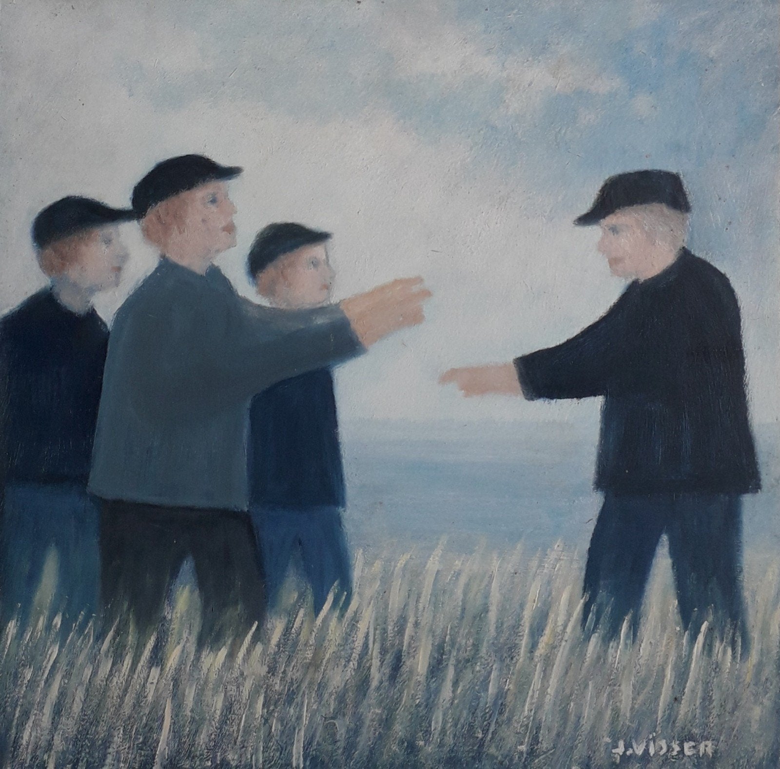 3 JONGENS EN 1 MAN ONTMOETEN ELKAAR AAN ZEE 🌊 4 FIGUREN, Antiek en Kunst, Kunst | Schilderijen | Klassiek, Ophalen of Verzenden