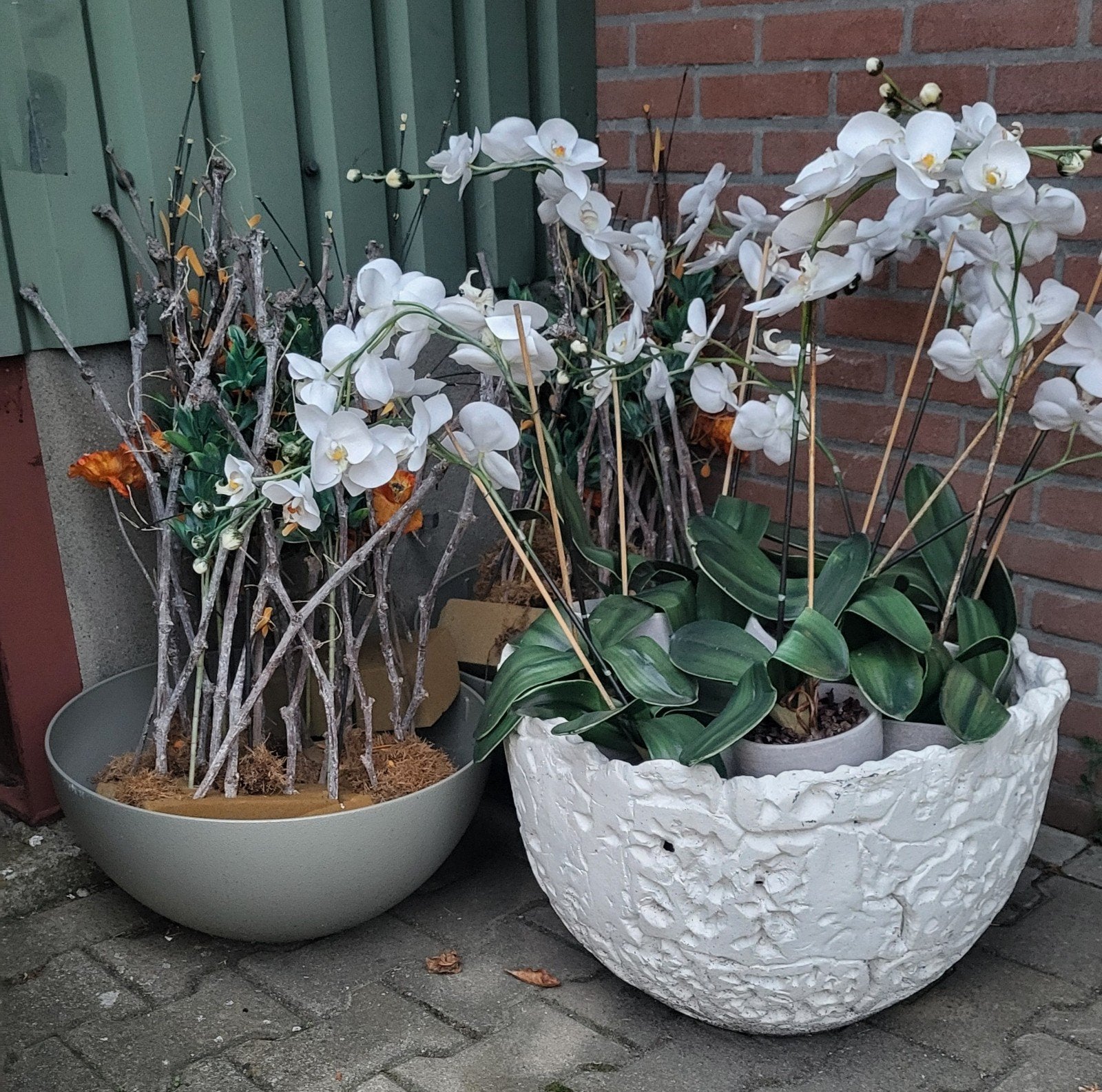 3 grote plantenbakken met kunstbloemen / takken, Ophalen, Gebruikt, Kunstbloem, Kunststof