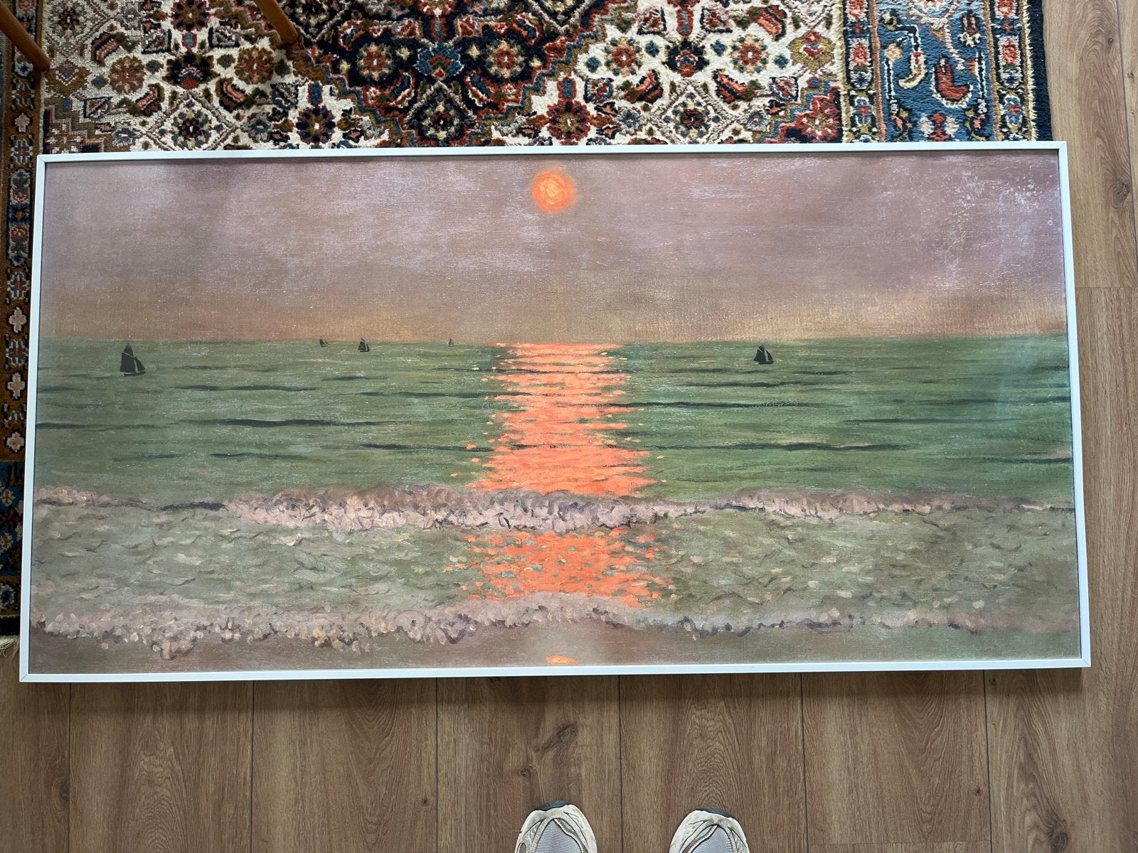 Schilderij ondergaande zon met lijst - 143x70cm, Antiek en Kunst, Ophalen, Maritiem / water, Realistisch, Print
