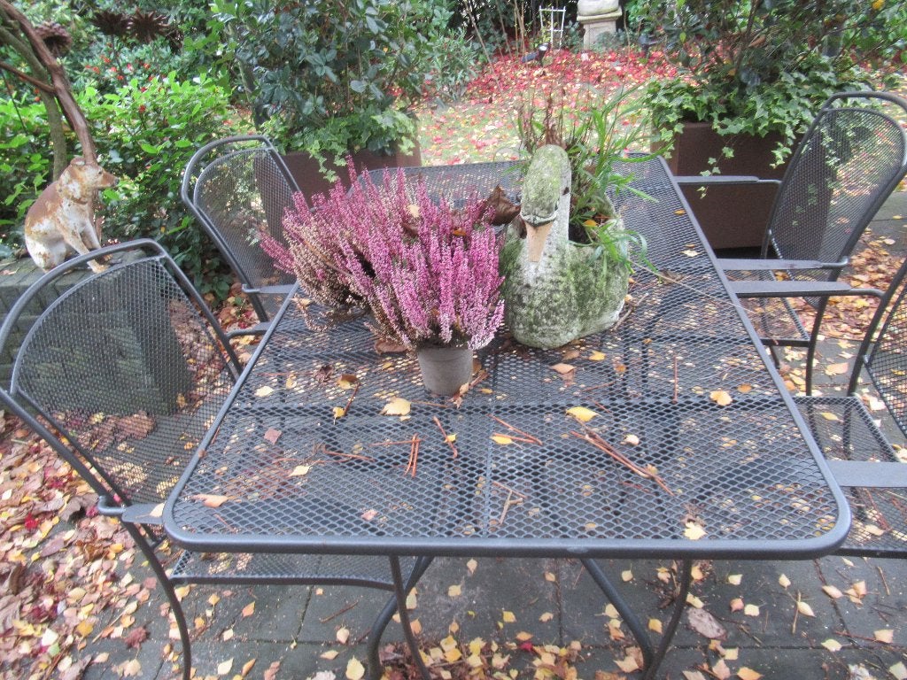 MWH tuinset = TAFEL, 4 STOELEN + 4 TUINKUSSENS, Ophalen, 4 zitplaatsen, Zo goed als nieuw, Rvs