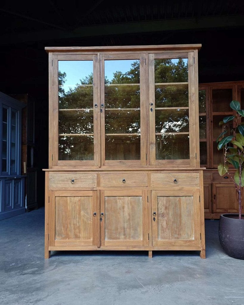 Mooie hoge vitrinekast | Teakhouten buffetkast #3235, Gebruikt, -, 200 cm of meer, -