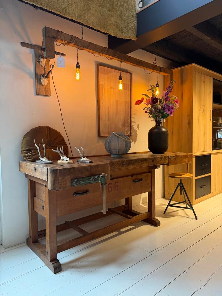 Vintage houten werkbank | Timmermans werkbank | Dressoir, Ophalen, Gebruikt, 170 cm of meer, Bankschroef