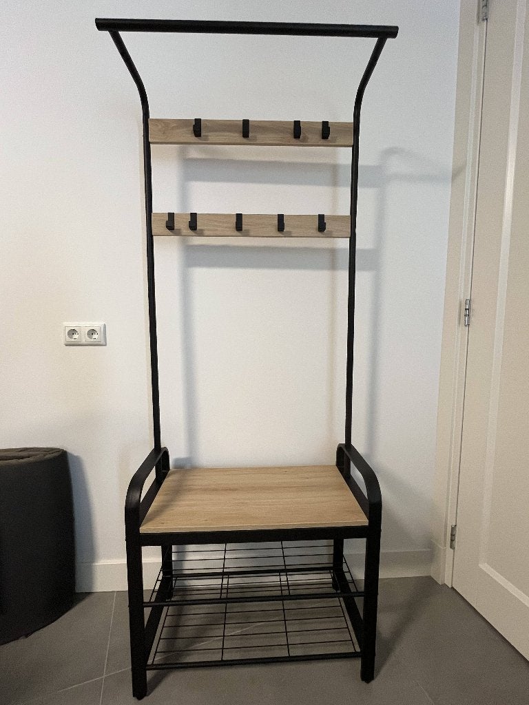 Staande kapstok met houten bankje en schoenenrek, Ophalen, Zo goed als nieuw, Metaal, Staande kapstok