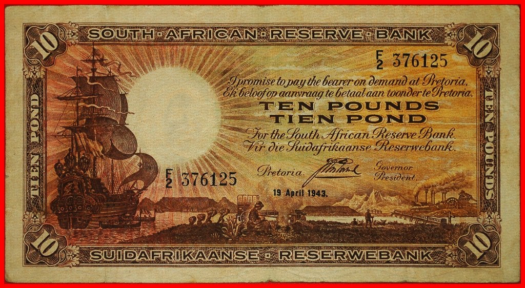 Ⰺ 2 SOLD SHIP: SOUTH AFRICA 10 POUNDS 1943 RARITY! Postmus, Postzegels en Munten, Ophalen of Verzenden, Zuid-Afrika, Los biljet