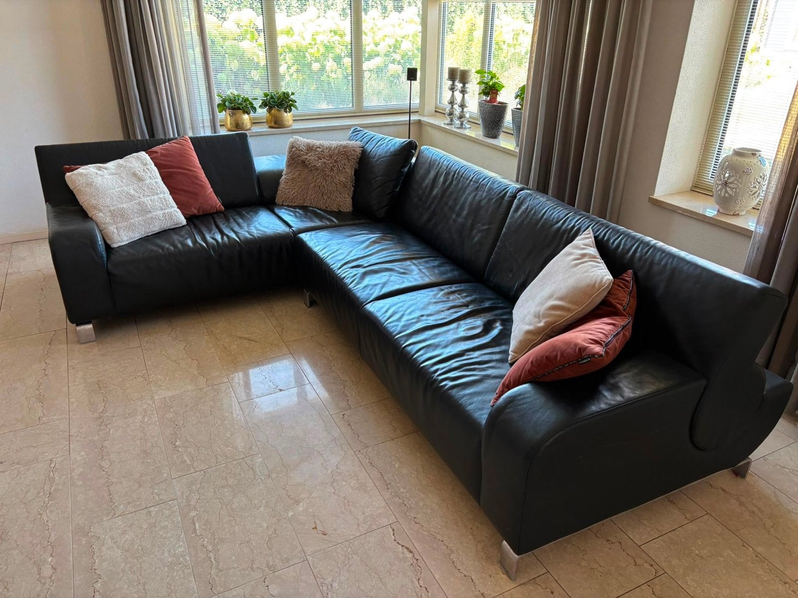 Leolux B-flat Hoekbank - Zwart Leer, 250 tot 300 cm, Gebruikt, 100 tot 125 cm, Hoekbank