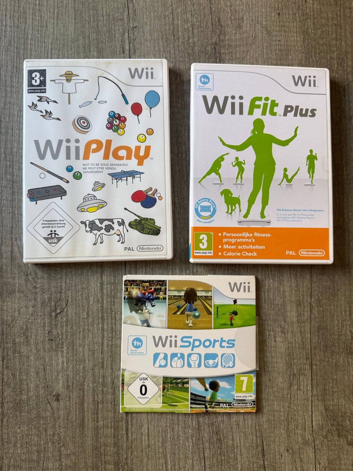 Wii Play, Wii Fit Plus, Wii Sports - Set van 3 games, Spelcomputers en Games, Games | Nintendo Wii, Avontuur en Actie, Gebruikt