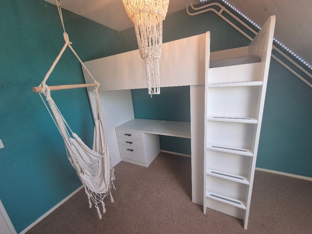 Smastad Ikea hoogslaper, bureau, kast in 1- wit/krijtbord, Ophalen, Eenpersoons, Zo goed als nieuw, 200 cm
