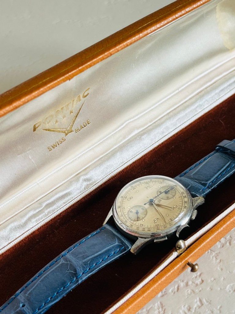 Vintage Pontiac chronograaf horloge - support choc, Overige merken, Staal, Met bandje, Polshorloge