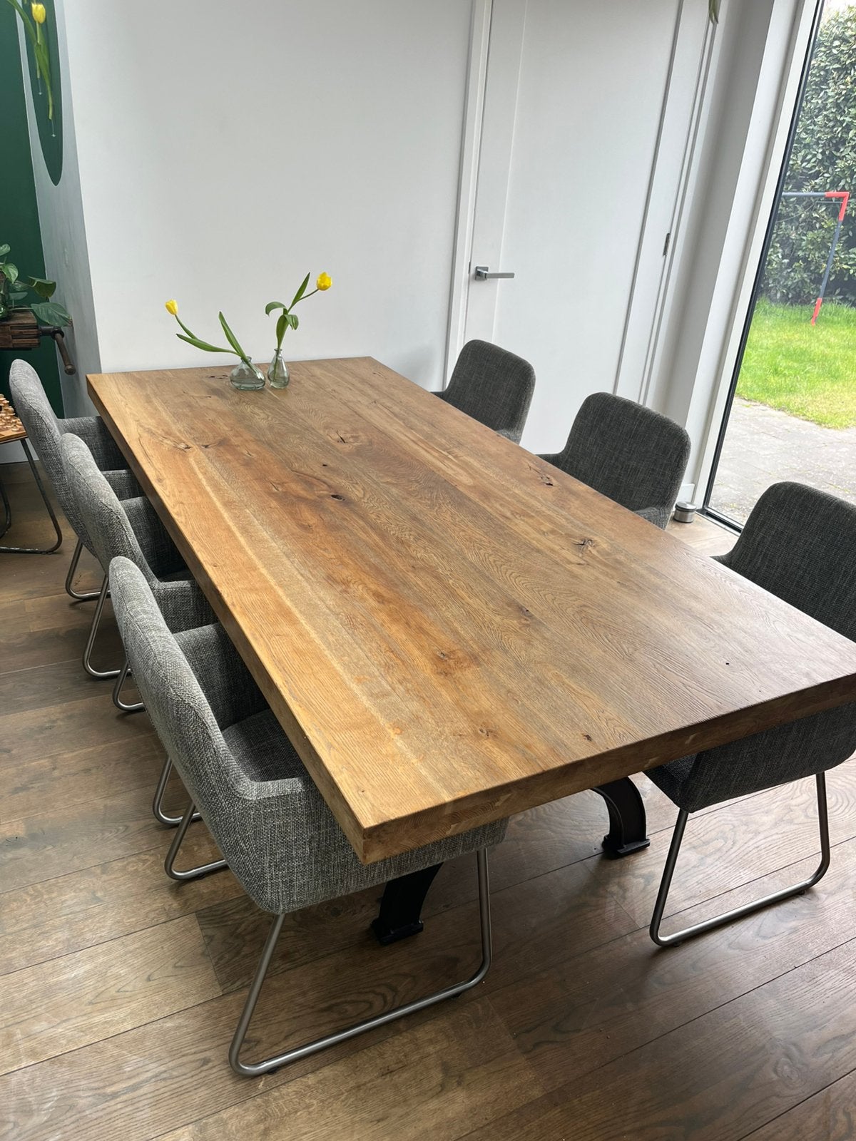 Super gave eiken tafel met gietijzeren onderstel, Huis en Inrichting, Tafels | Eettafels, Ophalen, Eikenhout, 200 cm of meer, 50 tot 100 cm