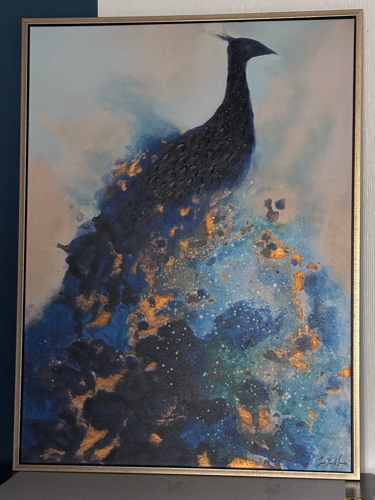 Abstract Pauw Schilderij - Blauw en Goud, Antiek en Kunst, Ophalen, Acrylverf, Dieren, Handgeschilderd