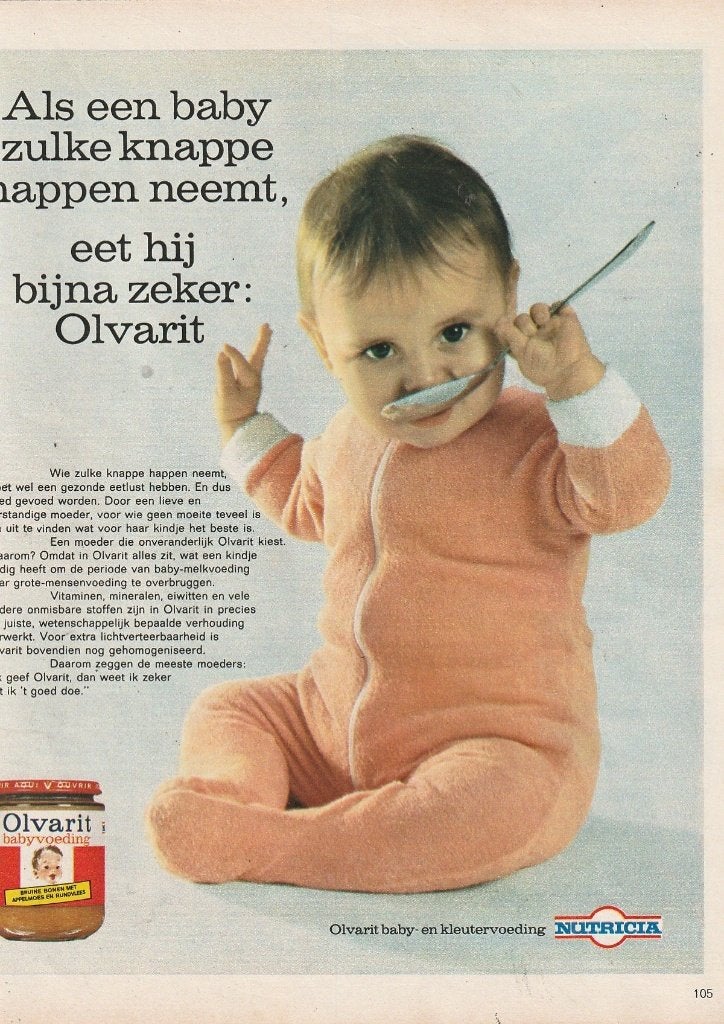 retro reclame 1968 Nutricia Olvarit baby eet heel knap, Verzenden, Overige typen