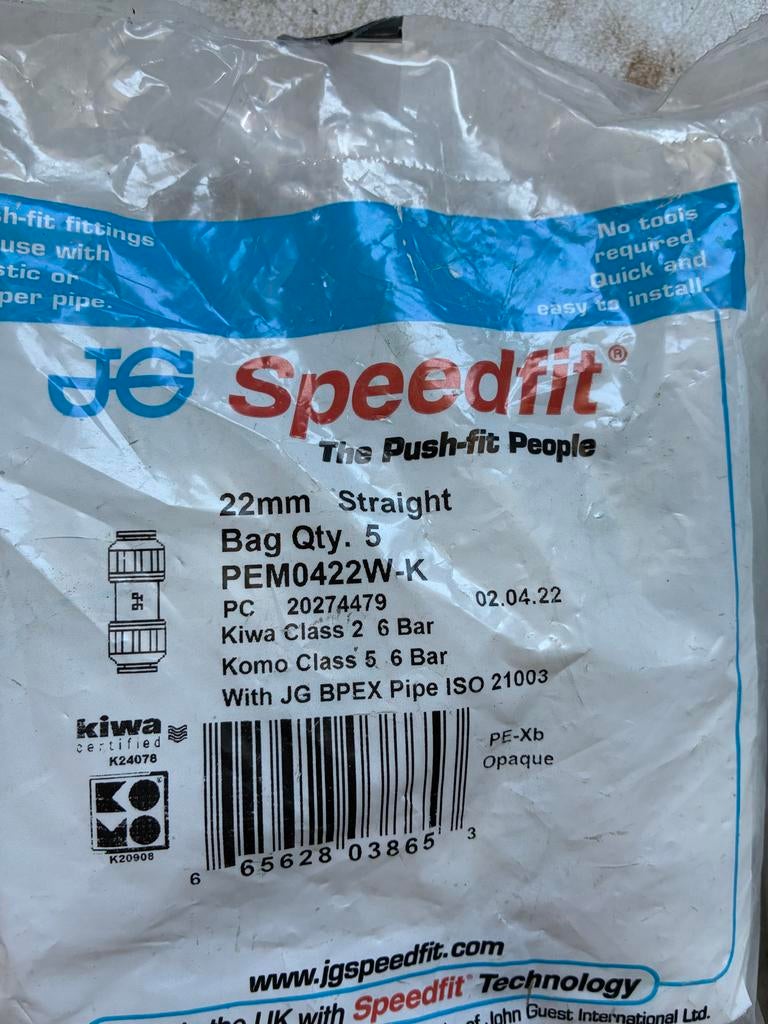 JG Speedfit 22mm Rechte Koppelingen (5 stuks), Doe-het-zelf en Verbouw, Buizen en Afvoer, Pvc, Overige typen, Nieuw, Minder dan 2 meter