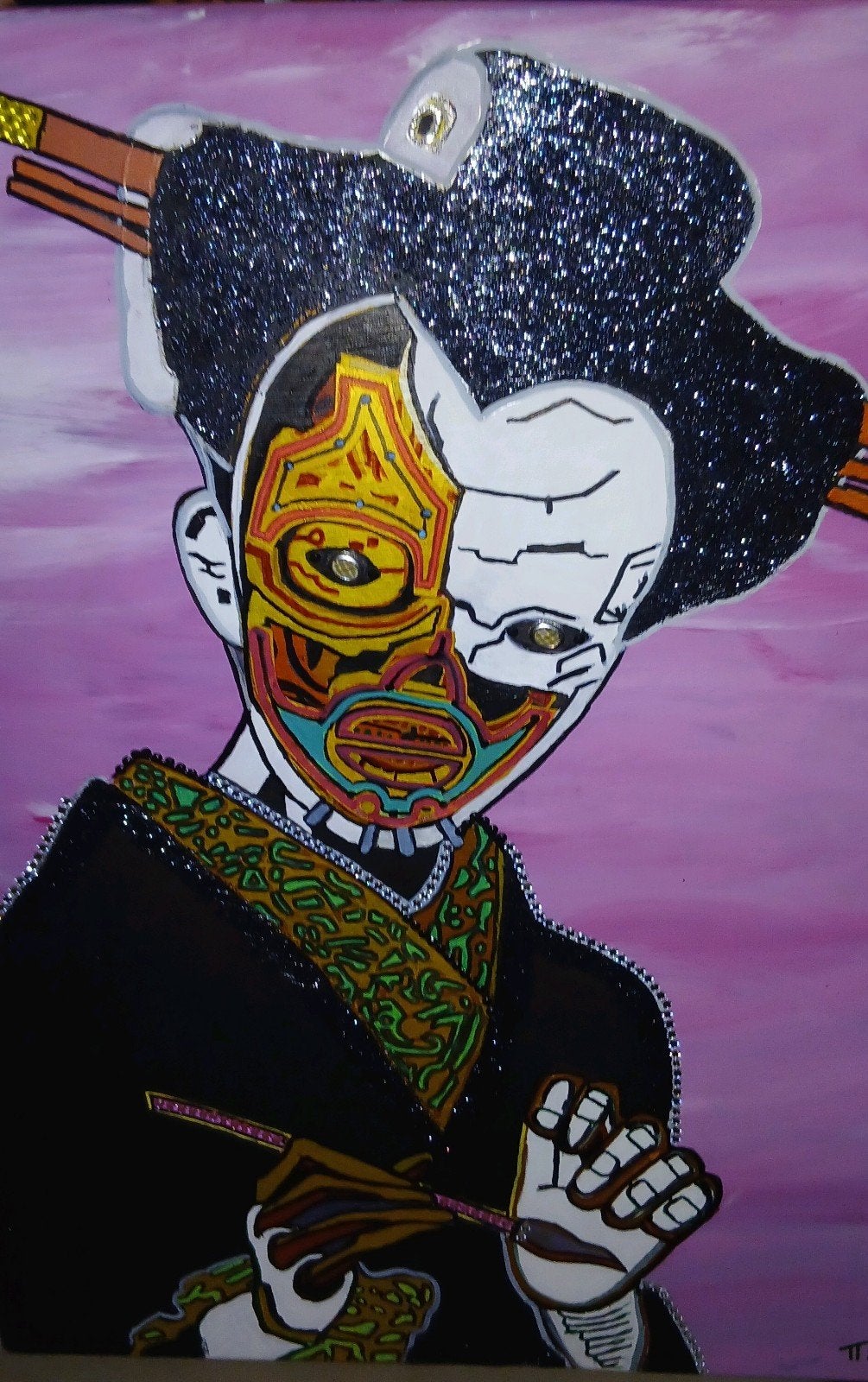 Ghost in the shell , robot geisha met handtekening, Antiek en Kunst, Kunst | Schilderijen | Modern, Figuren, Verzenden, 3D-effect