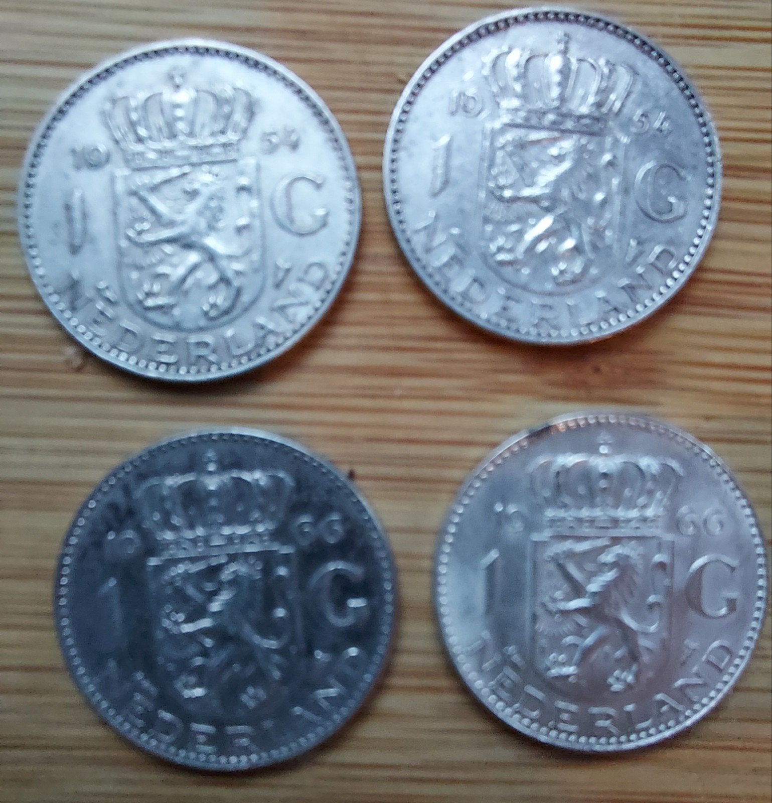 4x Zilveren Gulden Juliana (2x 1964 & 2x 1966) -, Ophalen of Verzenden, Koningin Juliana, 1 gulden, Zilver