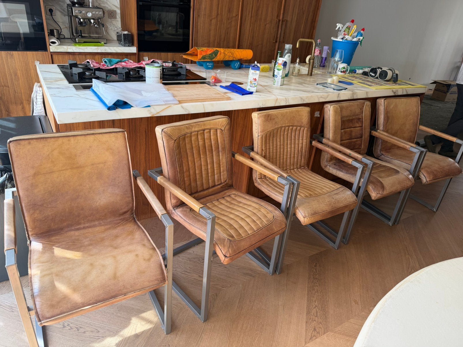 6 leren eetkamerstoelen Goossens, Huis en Inrichting, Stoelen, Ophalen of Verzenden, Gebruikt, Bruin, Vijf, Zes of meer stoelen