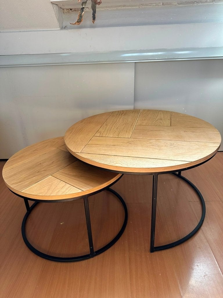 Goossens Iras salontafels set van 2 (blank eiken / staal), Ophalen, 50 tot 100 cm, 50 tot 100 cm, Zo goed als nieuw