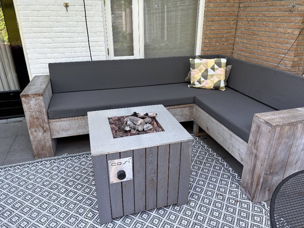 Steigerhouten tuin set met all weather kussens, Ophalen, Gebruikt, Bank, Steigerhout
