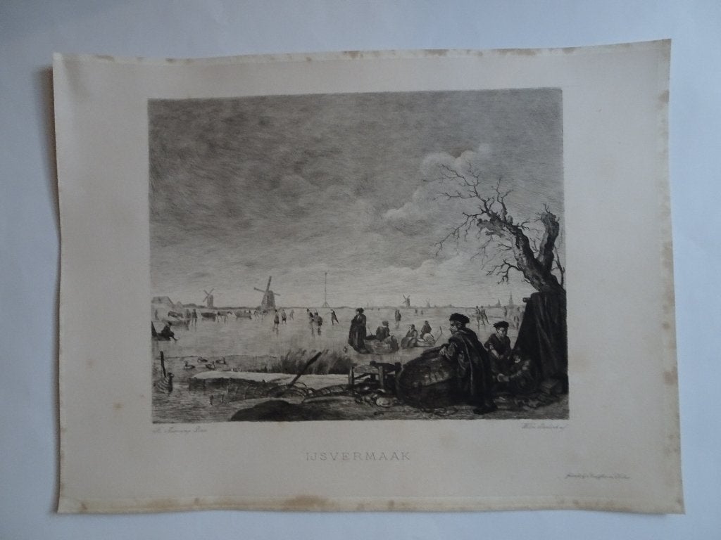 ets ijsvermaak, schaatsers en eenden jagers W. Steelink, Antiek en Kunst, Kunst | Etsen en Gravures, Dagelijks leven, 1800 - 1899