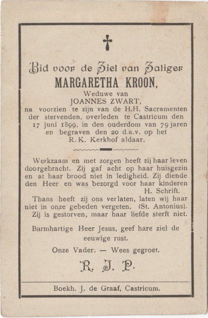 Margaretha Kroon 1820 - 1899 Castricum, 79 jaar oud, Verzenden