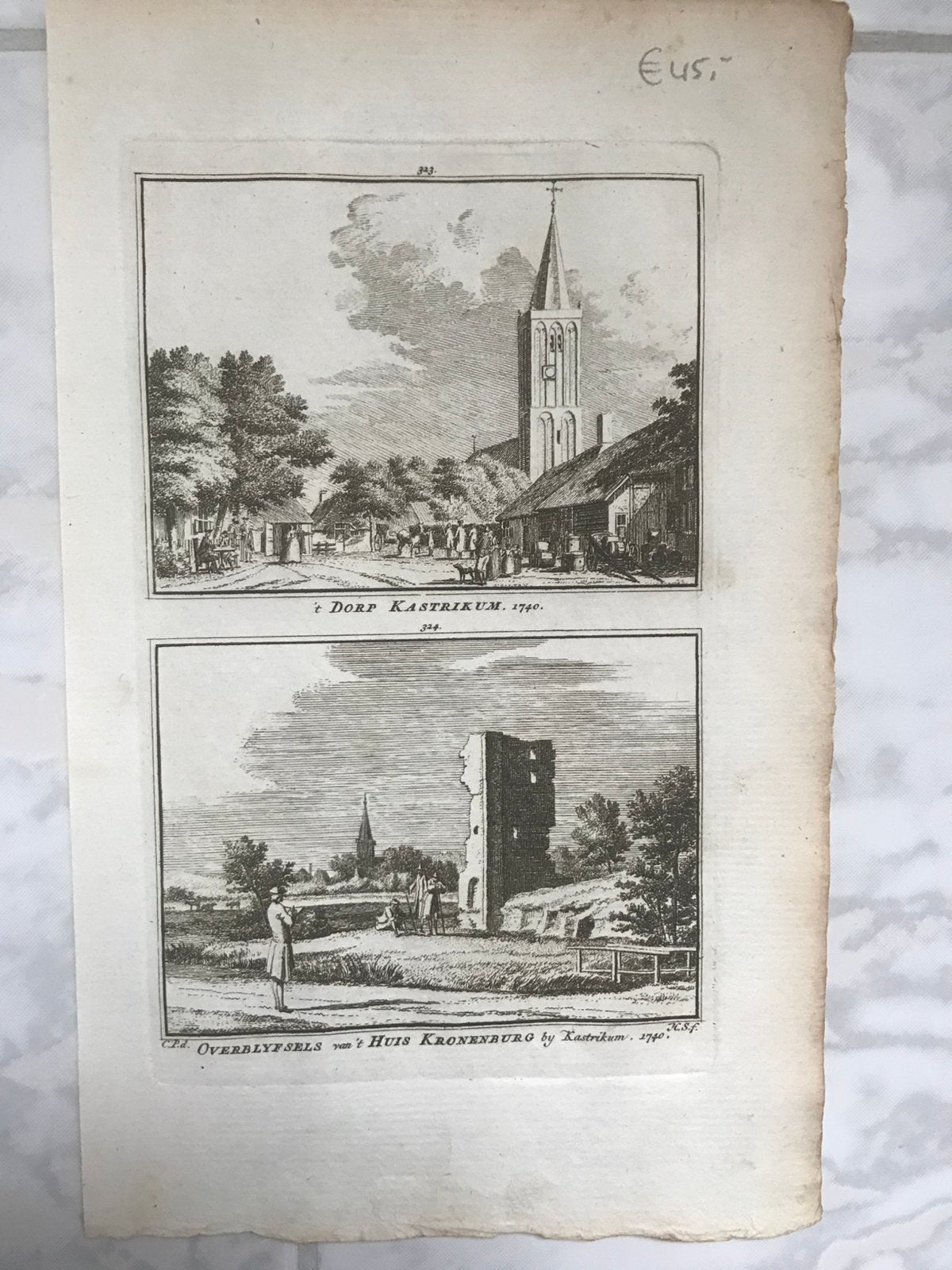 't Dorp Kastrikum, 1740 / Kronenbrug, 1740, H. Spilman., Met tekst, Stadsgezicht, Ophalen of Verzenden, Gravure