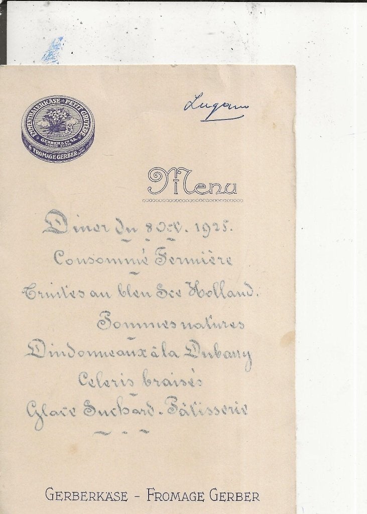 Fromage Gerber Menukaart 8 oct 1925, Ophalen of Verzenden, 1920 tot 1940, Ongelopen