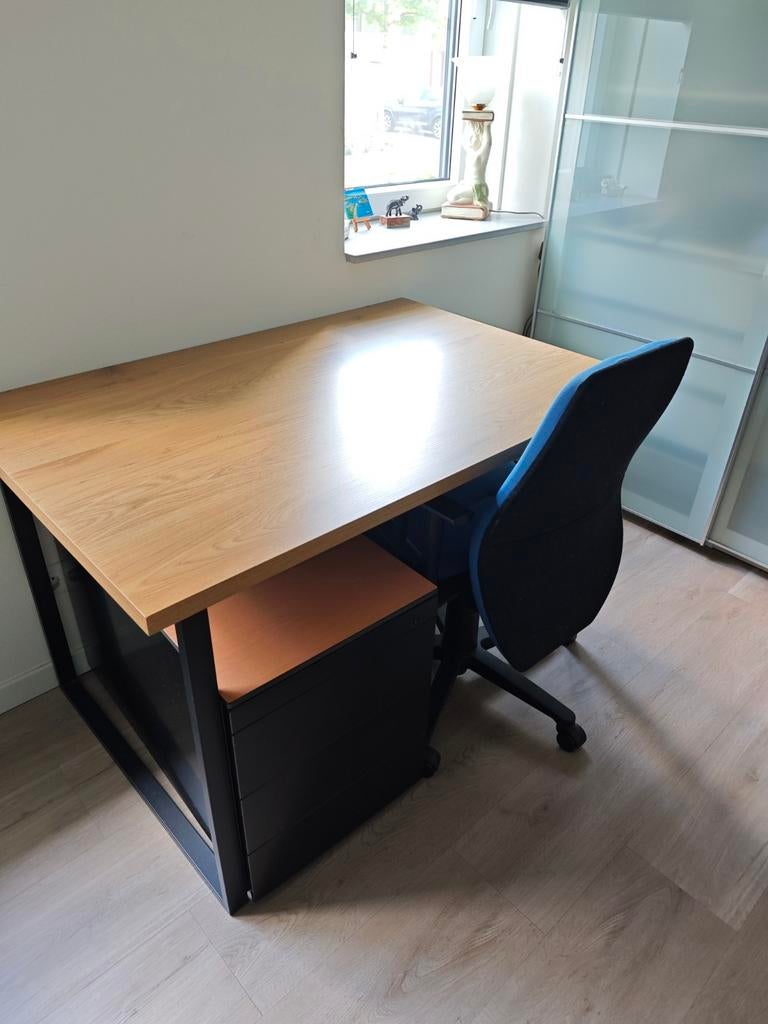 Bureauset: Tafel (80x120 cm), Bureaustoel & Ladekastje, Ophalen of Verzenden, Gebruikt, Blauw, Bureaustoel